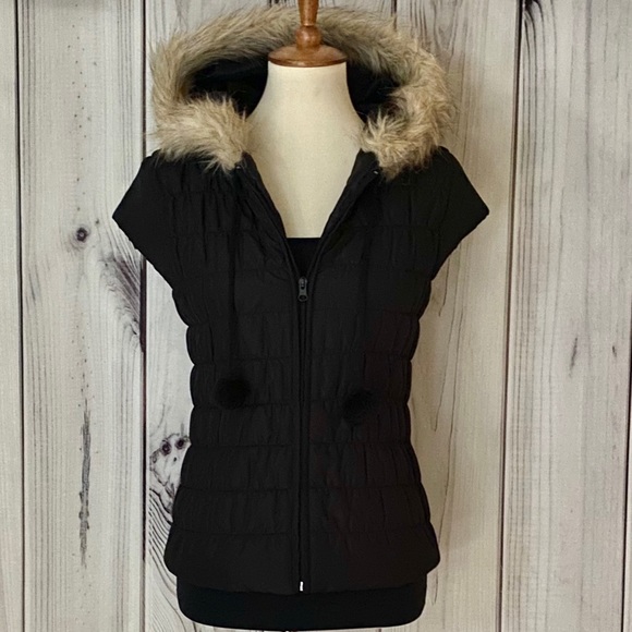J.J. Basics Jackets & Blazers - J.J. Basics Faux Fur Lined Hooded Black Vest